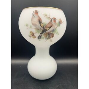 Vtg Opaline Satin Norleans Frosted Glass Vase Gold Trim Bird Pine Painted 7x4.5"